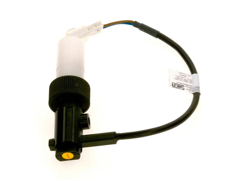 Wasserschalter von Bosch mit transparentem Behälter und Anschlusskabel, welches eine elektrische Verbindung ermöglicht. Die Bauform ist kompakt und für den Einsatz in wasserbezogenen Anwendungen gedacht.